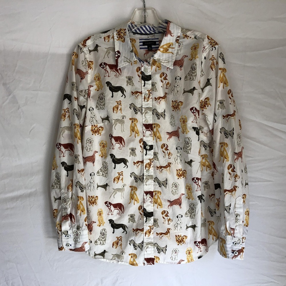 Talbots Shirt Womens Medium White Dog Print Cotton Button Front Long Sleeve Top